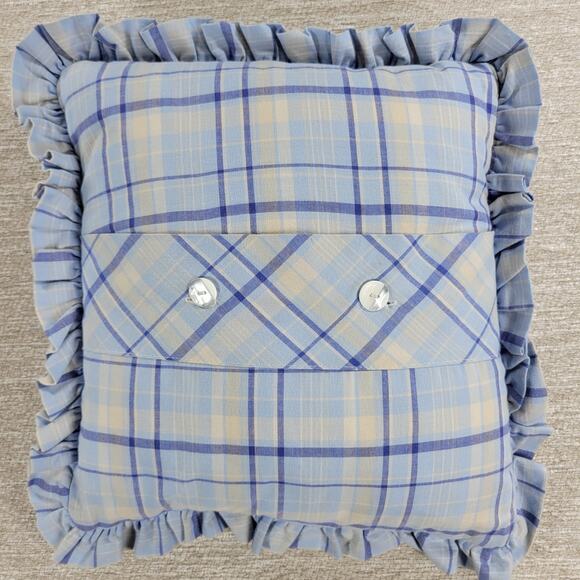 VTG Laura Ashley Emilie Pillow 16" Square Blue Cream Plaid Ruffle Trim Cotton - Picture 14 of 16